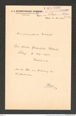 k.k. naturhistorisches Hofmuseum, Intendanzakten 1885-1896 (Hauer), Aktenzahl Z.374/1891, Seite 1